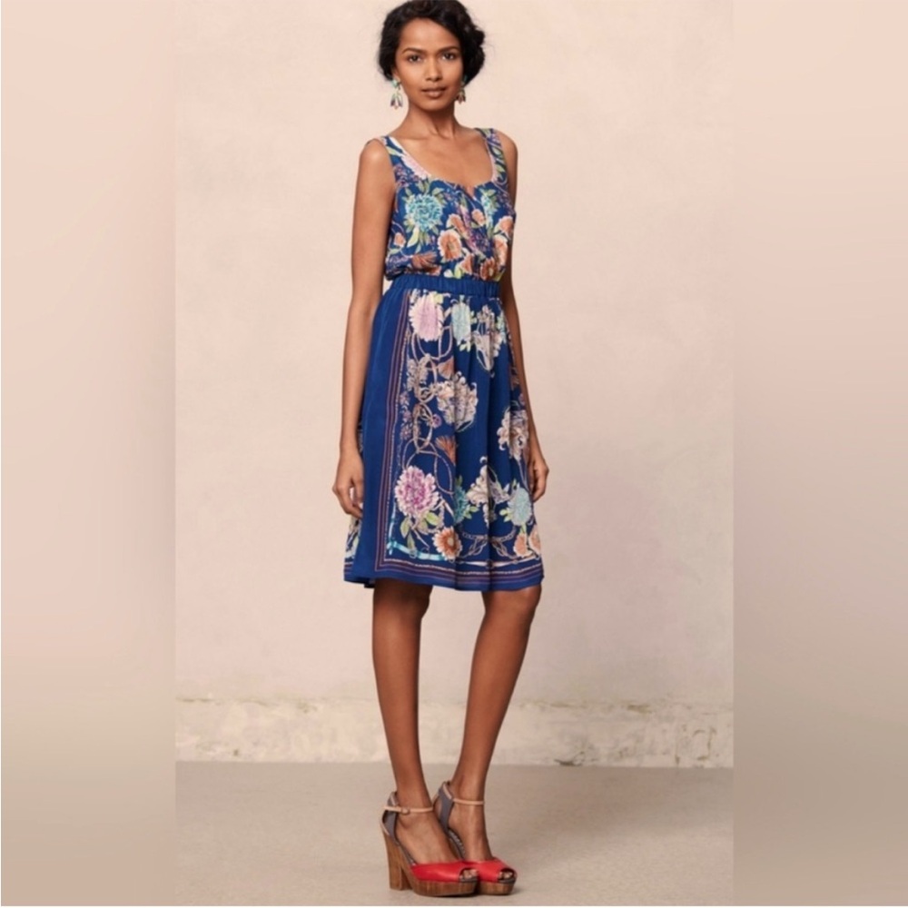 ANTHROPOLOGIE Moulinette Soeurs Silk Floral Blue Art Dress Victorian Y2K S - Picture 2 of 2